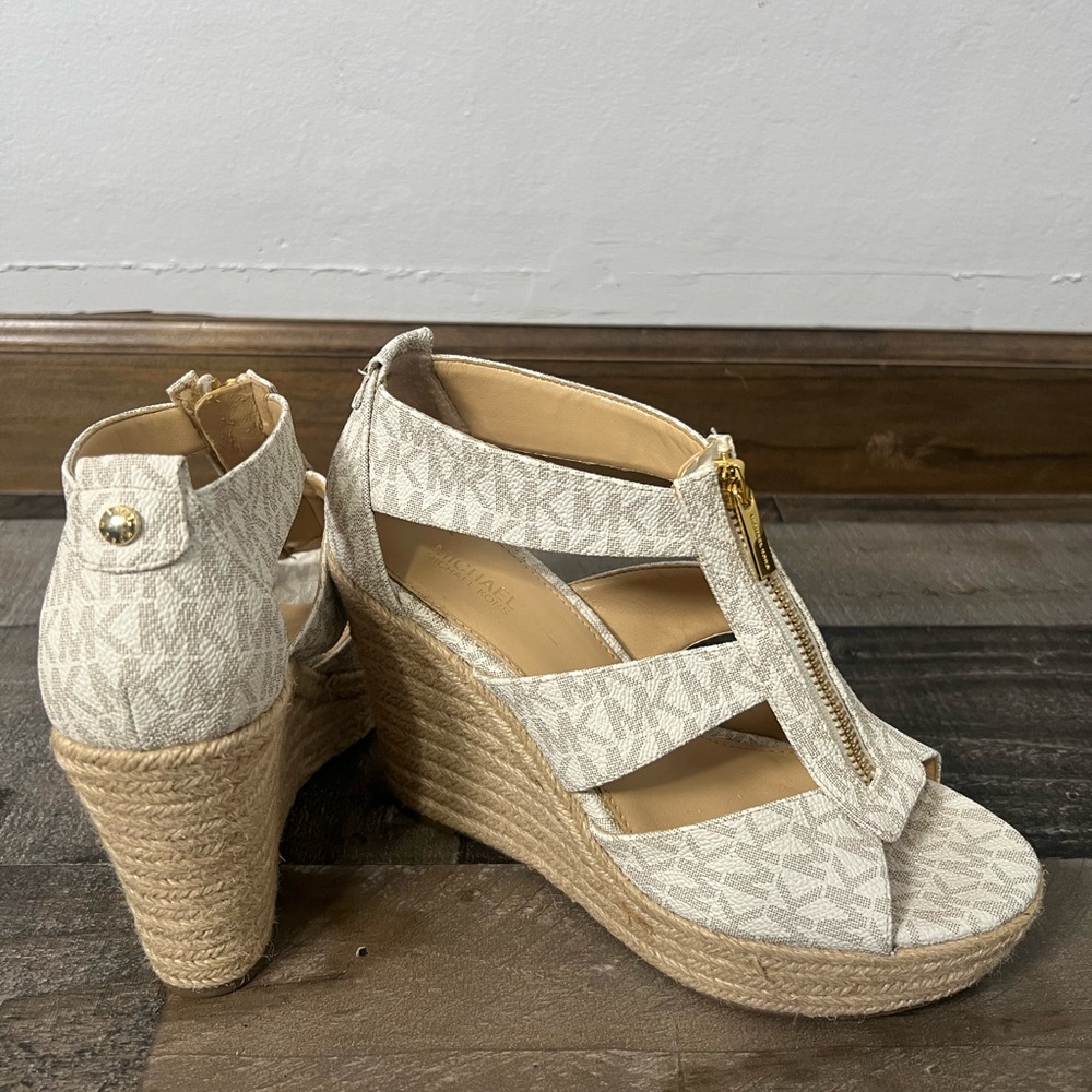 Michael Kors Logo Canvas Espadrille Wedge Sandals